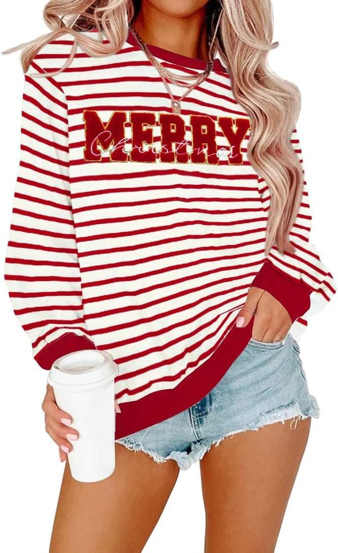 Christmas Sweatshirt for Women Merry Sweater Embroidered Striped Crewneck Sweatshirts Holiday Long Sleeve Pullover (Medium)