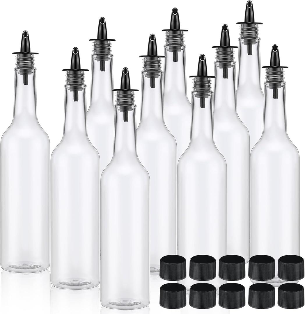 Tioncy 10 Sets 15oz Plastic Liquor Bottles with Pourers Sets 10 Plastic Long Neck Syrup Bottles with Pourer and Caps Reusable Leakproof for Home Party Bar(Black)