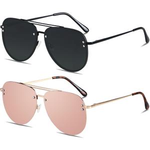 ANDWOOD Oversized Aviator Sunglasses for Women Men Big Large Rimless Metal Frame with Spring Hinges