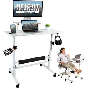 Model 2026 Adjustable Height Rolling Desk With Wheels Portable Compact Laptop Table Mobile Workstation For Study Office Small Space Standing Desk Ergonomic Writing Surface Modern Home Furniture White