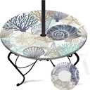Coastal Beach Round Outdoor Tablecloth with Umbrella Hole, Plaid Fitted Table Cover with Zipper, Waterproof Windproof Umbrella Table Cloth with Elastic(36''-44'')