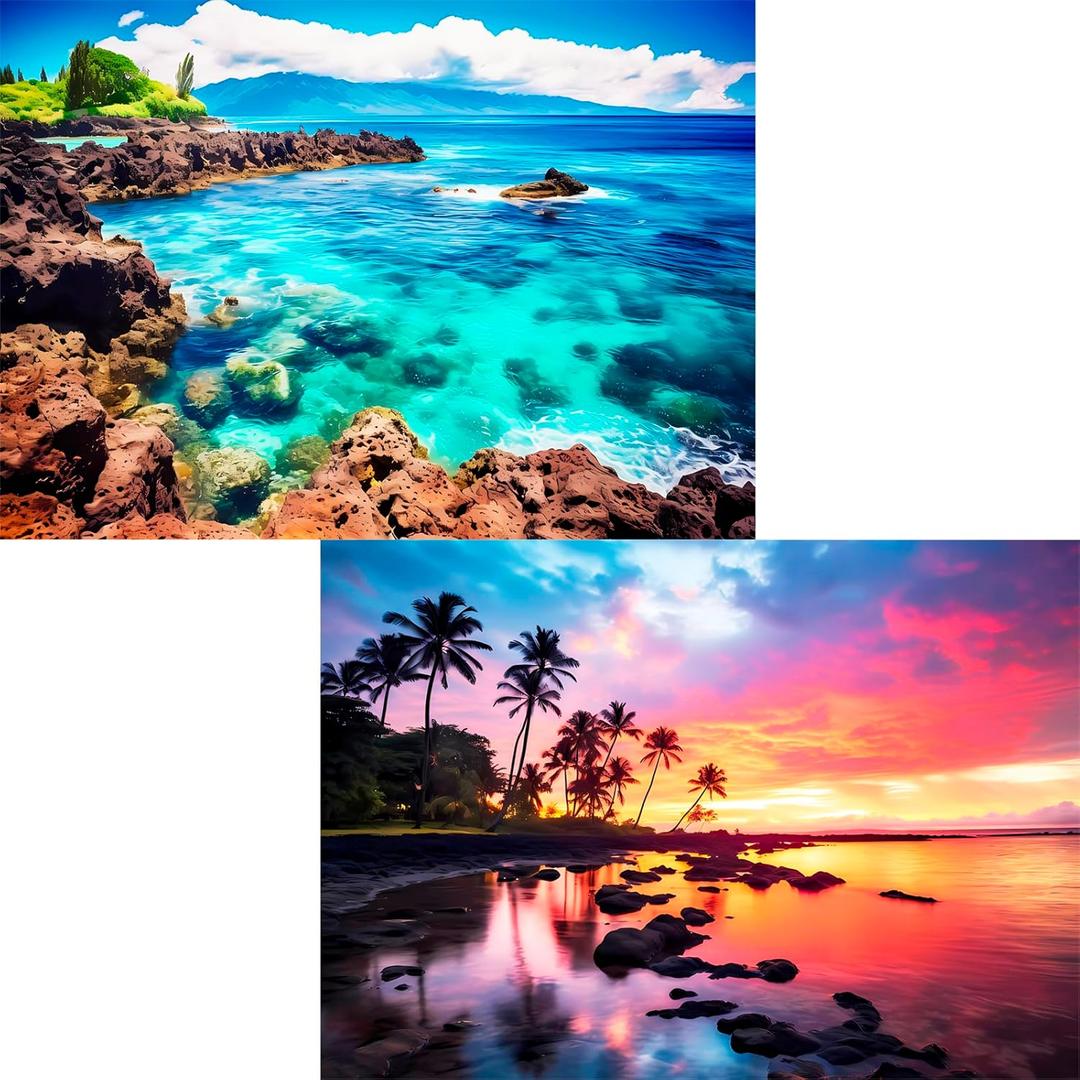 2 Pack 1000 Piece Puzzles for Adults - Beach, Coconut Tree, Reef Landscape Jigsaw Puzzles - 2000 Pieces Total