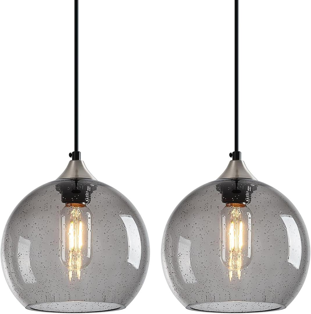 Light Grey Glass Pendant Lights Kitchen Island Lighting Globe Pendant Light Fixtures Modern Pendant Lighting for Bedroom Living Dining Room Light Fixture (7.87 in, 2 Pack)