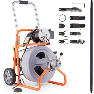 VEVOR Drain Cleaner Machine 75FT x 1/2 Inch, Auto Feed Sewer Snake Drain Auger on Wheels, Portable Drain Cleaning Machine with 8 Cutters & Air-activated Foot Switch for 2" to 4" Pipes