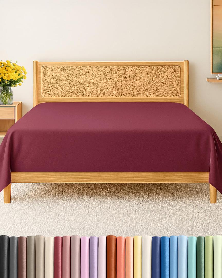Queen Size Flat Sheet - Hotel Quality Top Flat Bed Sheet Only - Ultra-Soft, Breathable & Cooling - Fade & Wrinkle Free - Easy-Care, Stain & Shrink Resistant Bedding - Easy-Fit & Oeko-Tex - Burgundy