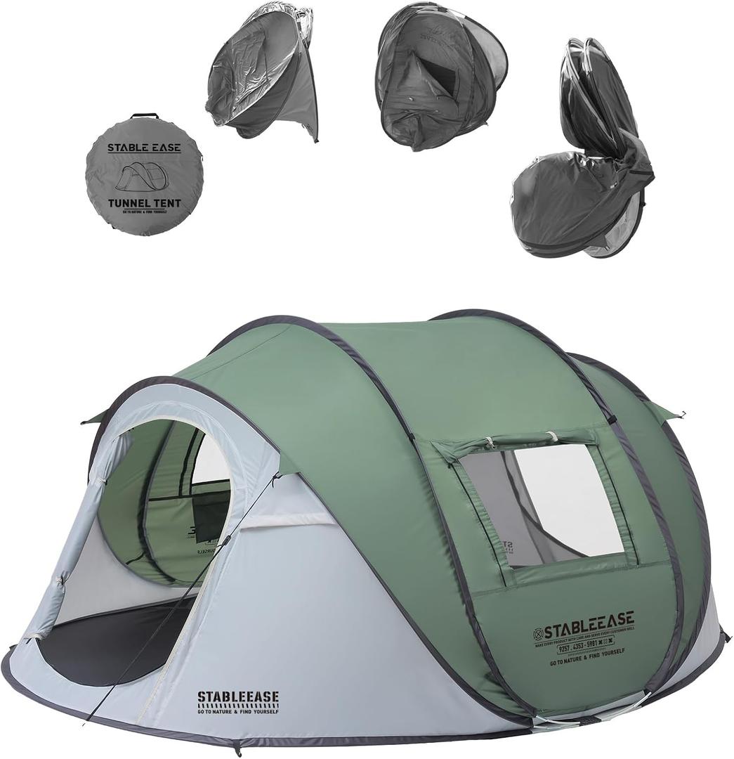 Camping Tent 4 Person Instant Pop Up Waterproof | Windproof design, 2 doors for easy access, portable with carry bag, ideal for hiking/beach/travel, family-sized