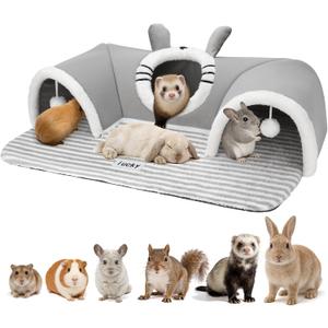 YUEPET 3-Way Bunny Tunnel Bed, Rabbit Tunnel for Indoor, Bunny Play Tunnel | Cozy Bunny Bed, Washable Rabbit Tunnels for Indoor Bunnies, With Removable Cushion, Anti-Slip Base, 29.5 x 21.7 in, Grey