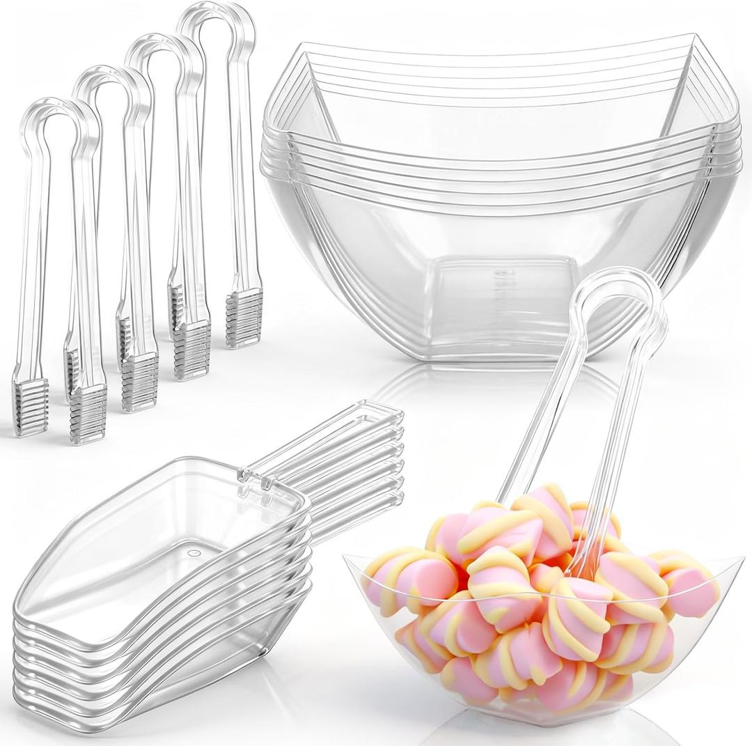 8oz 6 Clear Plastic Candy Bowls, 4 Scoops and 4 Tongs Set Square Disposable Plastic Buffet Containers for Chip, Snacks Popcorn Candy Bar Birthday Party Supplies