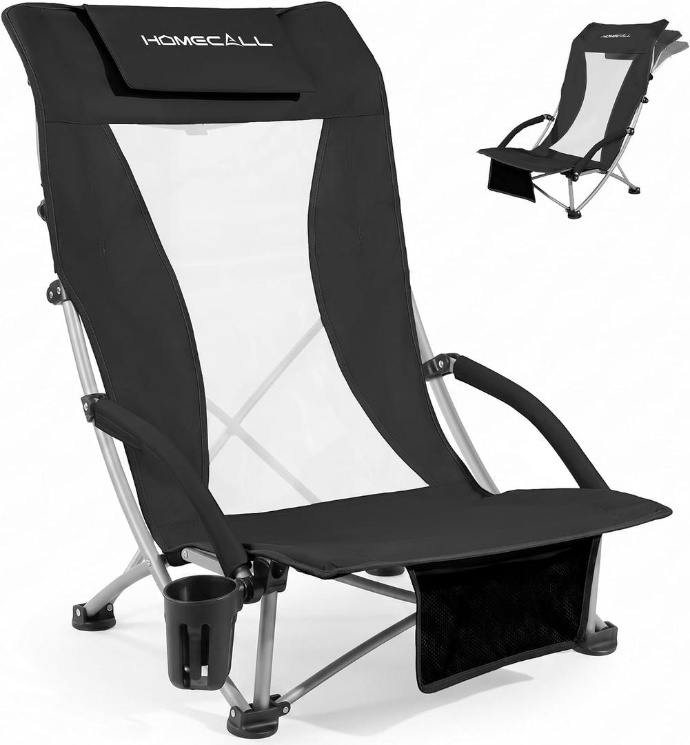 Low Beach Chairs for Adults with High Back, Support 400LBS | Portable Beach Chair with 3-Position Adjustable Upper Backrest, Neck Support & Cup Holder for Beach, Caming, Black