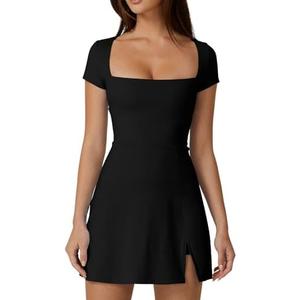 QINSEN Womens Square Neck Tennis Dress Short Sleeve Built in Shorts Golf Athletic Dress with Pockets, L