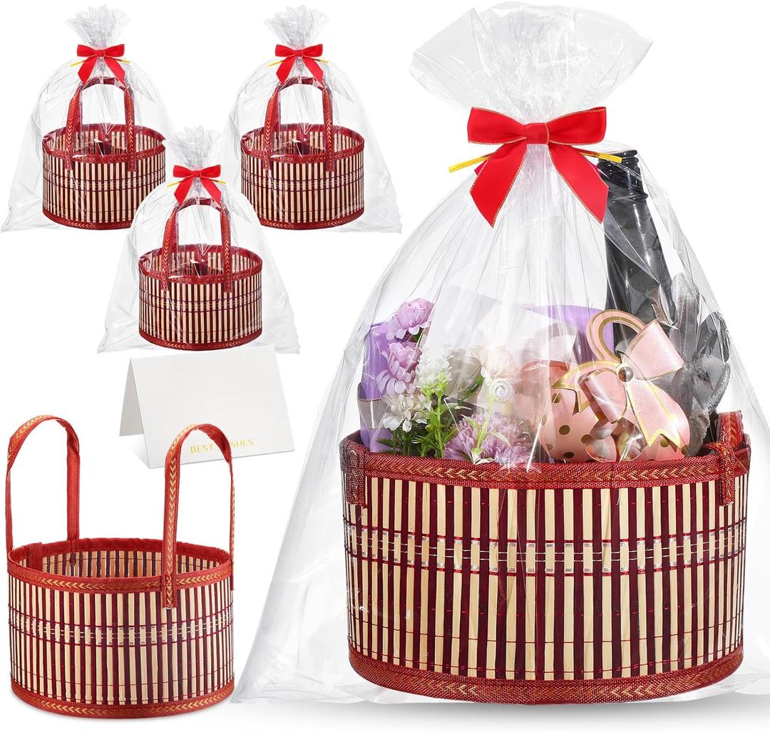 Weysat 3 Set Baskets for Gifts Empty Mother's Day DIY Bulk Large Woven Bamboo Gift Basket Kit with Handle Red Bow Wrap Bag to Fill for Wedding Birthdays Party Wrapping (Red)
