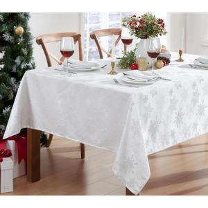 Newbridge Fancy Metallic Snowflake Christmas Fabric Tablecloth, 60 x 120 Inch Rectangle, White Silver, No-Iron Soil Resistant Sparkling Snowflakes Woven Holiday Table Cover