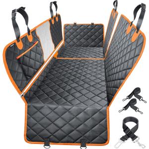 URPOWER 6-in-1 Dog Car Seat Cover for Back Seat, Waterproof Dog Car Hammock with Mesh Window, Non-Slip Pet Backseat Protector for Cars, Trucks and SUVs (Black with Orange)