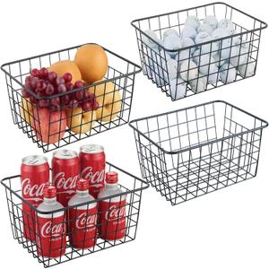 JUNCHU CHERRY Wire Kitchen Storage Basket 4 Packs, Perfect Pantry Organization Accessories Basket, Laundry Baskets, Countertop Organization, Suitable for Kitchen, Bathroom, Bedroom, Tabletop, Stackable, Black