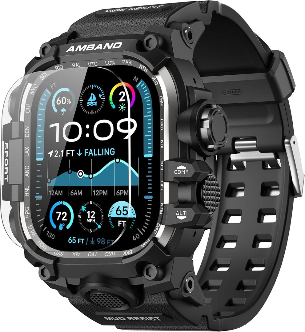 amBand Rugged Case with Band for Apple Watch Ultra 3/2/1 49mm, M3 Military Grade Shockproof Cover, Includes Screen Protector Kit, Tactical Band for Men - Compatible with iWatch Ultra, Matte Black