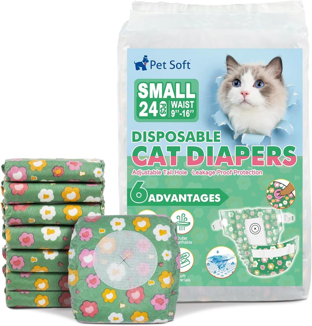 Pet Soft Disposable Cat Diapers - Diaper for Female & Male Cats, Puppy Doggie Diapers for Female Dogs with Adjustable Foam Tail Hole, Small (24Pcs, GN Flowers)