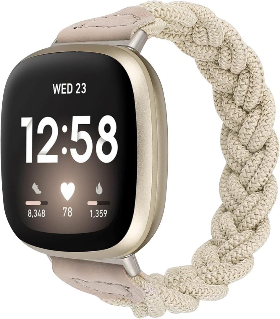 Wearlizer Elastic Band Compatible with Fitbit Versa 4 Bands for Woman/Versa 3/Sense 2/Sense Bands Women, Slim Solo Loop Braided Strap Stretchy Woven Wristband Accessory, Khaki, S