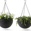 Keter Resin Rattan Set of 2 Round Hanging Planter Baskets for Indoor and Outdoor Plants-Perfect for Porches and Patio Decor, Graphite, Medium