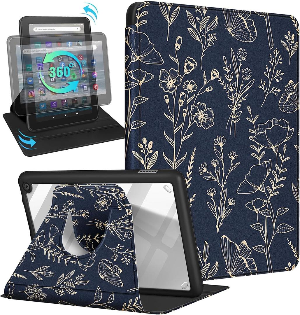 Kidcube for Amazon Kindle Fire 7 Tablet Case 12th Generation 2022 Release for Women Girls Folio Cover Cute Girly Floral Flowers Design Rotating Stand with Auto Wake/Sleep for Kindle Fire 7 Cases 7"
