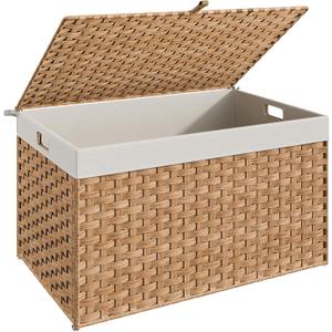 HOOBRO Storage Basket with Lid, 42.3 Gallon (160L) Wicker Basket, Handwoven Blanket Storage Basket with Handles, Metal Frame and Soft Lining, Foldable for Bedroom, Laundry Room, Natural NL216CW01