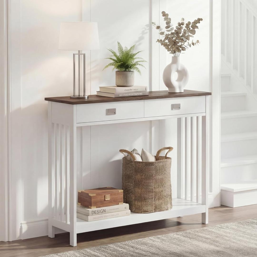 ChooChoo 47" Farmhouse Entryway Table with Drawer, White and Brown, 11.8"D x 47.2"W x 31.5"H