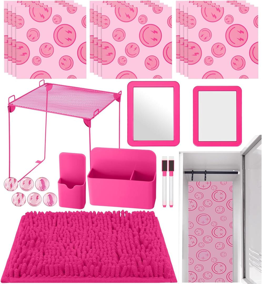 Patelai 26 Pcs Locker Accessories Magnetic Locker Wallpaper Back to School Essentials for Girls Dormitory Organizer and Decorating Kit(Rose Red,Smile)