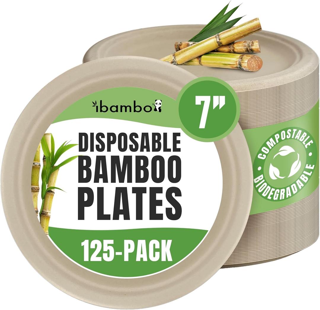 ibambo Bamboo Small Compostable Plates (125-Pack, 7-inch) | Sturdy & Microwave Safe | Bamboo Disposable Plates | PFAS Free, Biodegradable | FSC Certified Alternative to Plastic