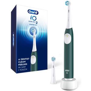 Oral-B Rechargeable Electric Toothbrush, iO2 Starter Kit, 3 Cleaning Modes, Automatic Pressure Sensor to Protect Gums, 2 Brush Heads, Forest Green (1 Count (Pack of 1))