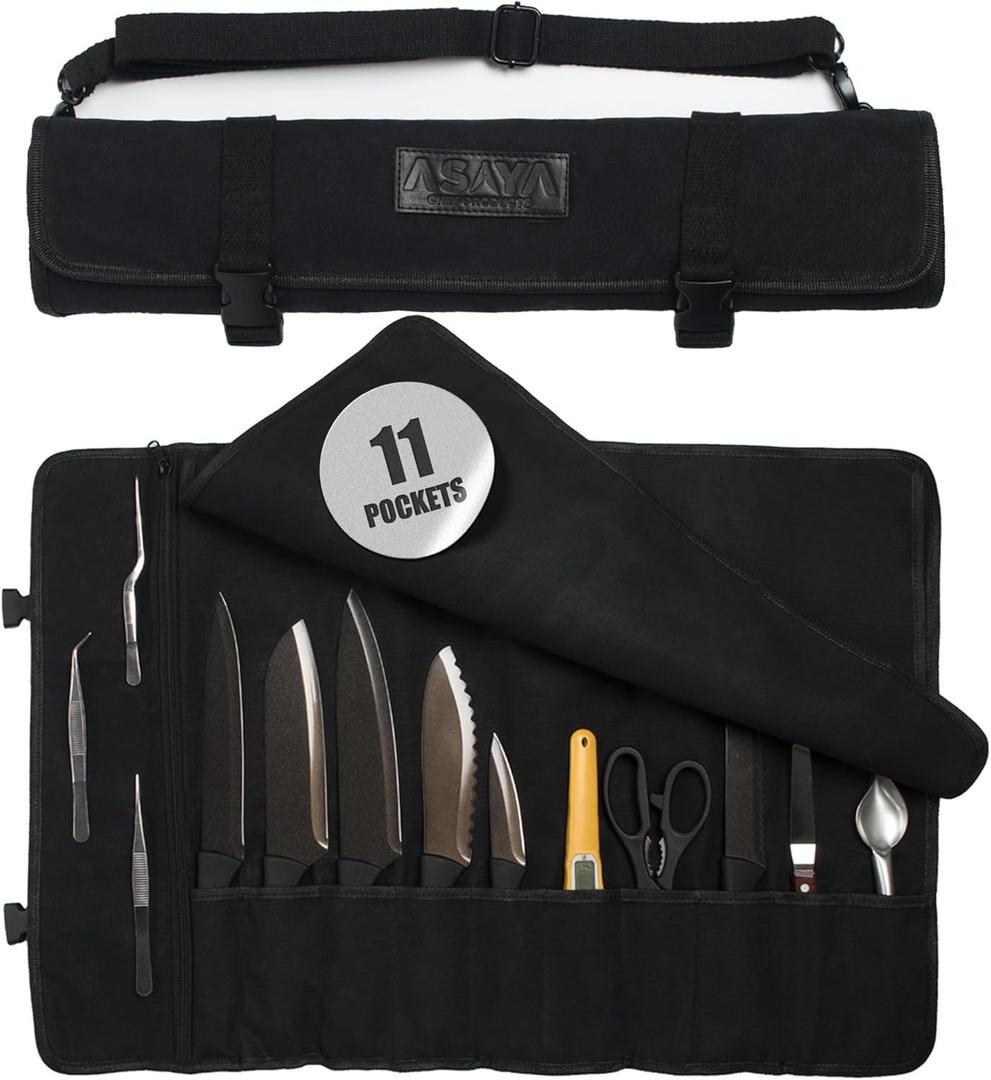 Asaya Waxed Canvas Chef Knife Roll Bag with 10 Slots and a Zipper Pocket - Professional Chef Knife Bag & Storage Case, with Shoulder Strap - Knives Not Included (Black)