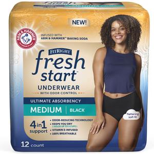 FitRight Fresh Start Incontinence and Postpartum Underwear for Women, Medium, Black (24 Count) Ultimate Absorbency, Disposable Underwear with The Odor-Control Power of ARM & Hammer 2 Packs FitRight Fresh Start Incontinence and Postpartum Underwear for Women, Medium, Black (24 Count) Ultimate Absorbency, Disposable Underwear with The Odor-Control Power of ARM & Hammer 2 Packs