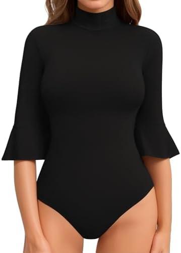 MANGOPOP 3/4 Bell Sleeve Mock TurtleNeck Bodysuit for Going Out Body Suits Tops for Women, XXL