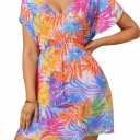 Women's Tropical Leaf Print V-Neck Beach Swim Cover-Up Short Sleeve Loose Fit (Tropical Multicolor, S) (S)