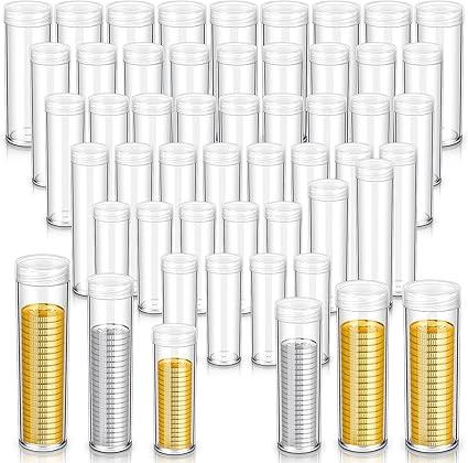 Yaomiao 60 Pcs Plastic Coin Tubes Assorted Sizes Nickel Dime Storage Tubes with Lid Quarter Storage Holders Half Dollar Containers Round Dollar Collection Supplies