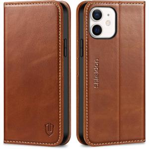 SHIELDON Wallet Case for iPhone 12 5G, Genuine Leather Folio Case Magnetic Shock Absorbing Cover RFID Blocking Credit Card Holder Kickstand Compatible with iPhone 12/12 Pro 6.1" - Retro Brown