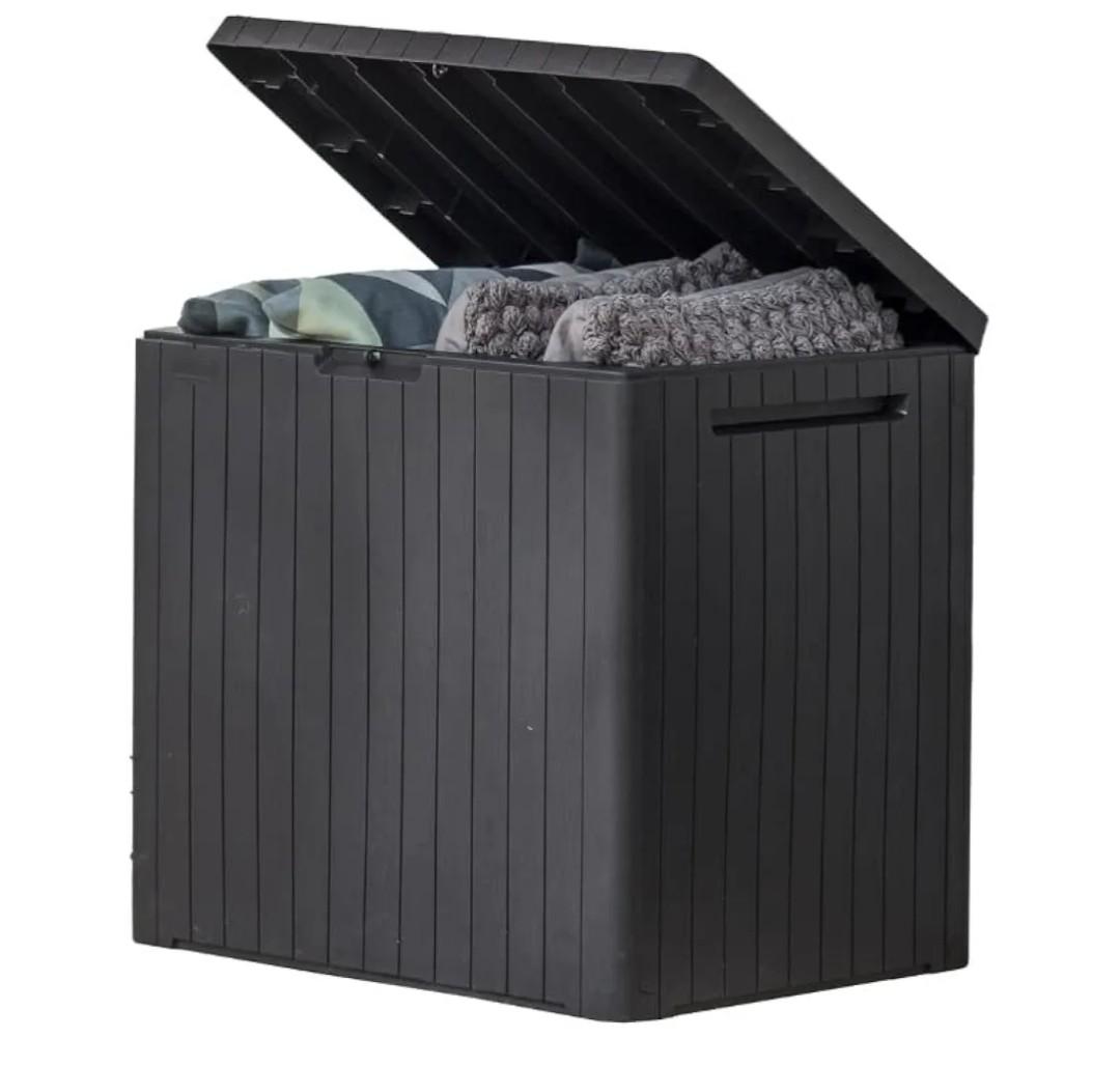 Keter City 30 Gal Outdoor Storage Box and Patio Side Table | Grey, Resin, Compact, Weatherproof, Lockable, Easy Assembly, Organization, Pool Accessories Storage