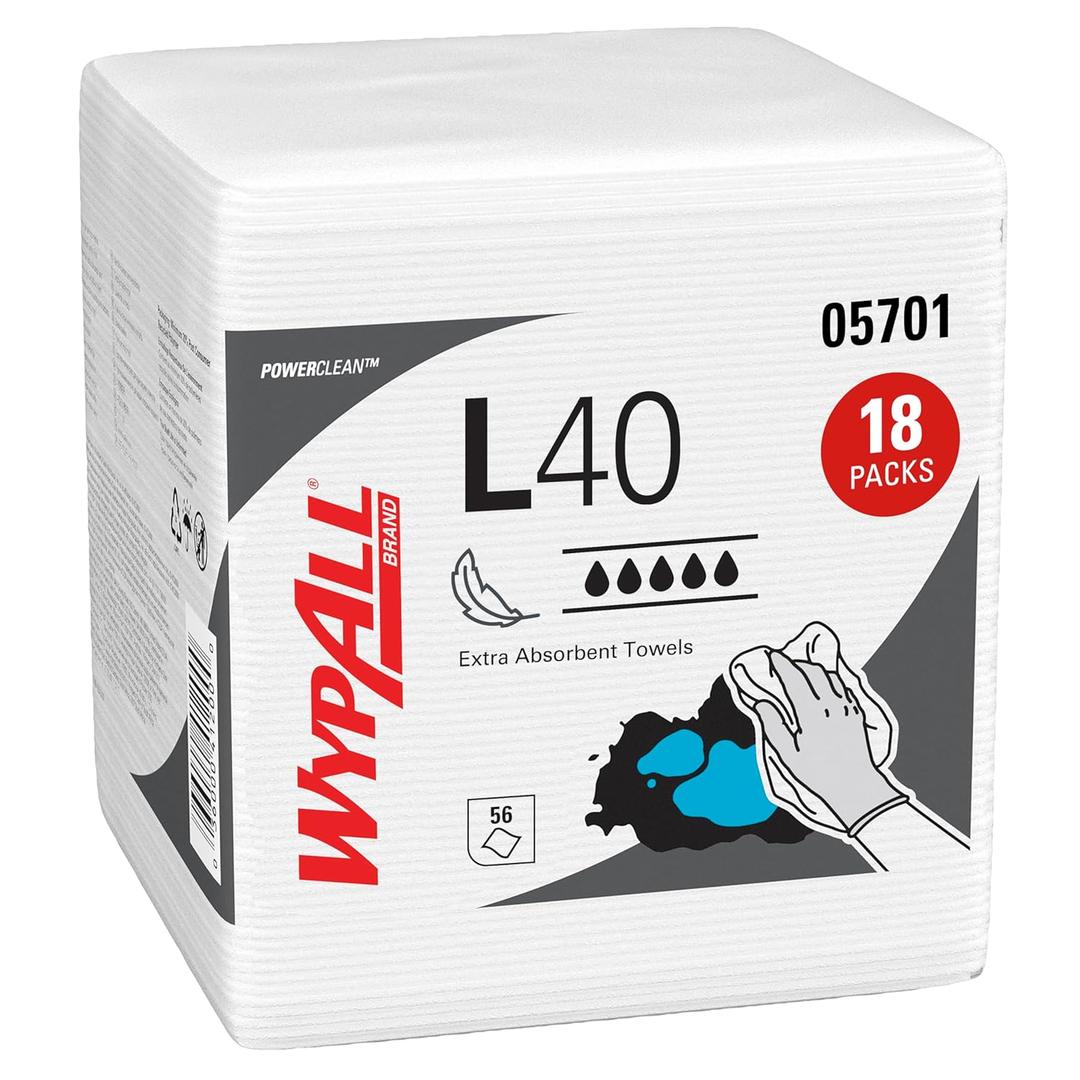 Wypall PowerClean L40 Cloths Extra Absorbent Wipes (05701), Quarterfold, Bulk Paper Wipers, White (18 Packs of 56 Sheets, 1,008 Sheet Total)