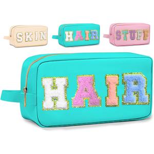 3 x Preppy Makeup Bag for Women, Cosmetic Bag Letter Pouch Purse with Handle, Waterproof Portable Glitter Nylon Travel Toiletry Bag Organizer with Zipper (A-Blue)