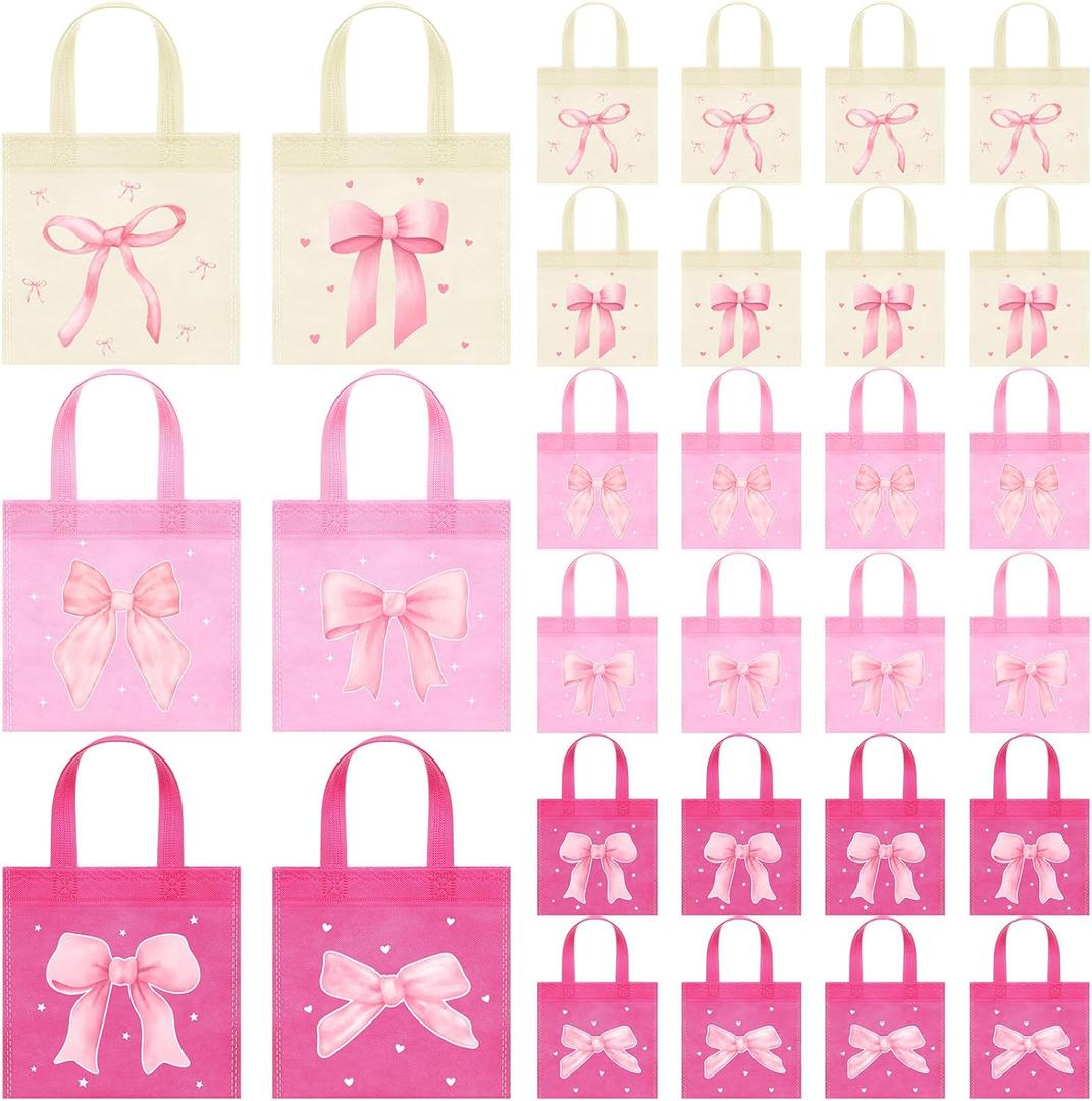 Honeydak 24 Pcs Coquette Pink Bow Party Favor Bags Valentines Non Woven Bow Goodie Bags Cute Pink Party Supplies for Princess Themed Birthday Shower Bachelorette Decoration