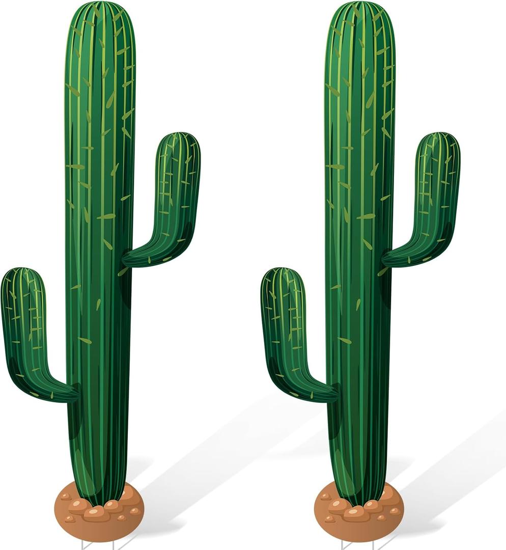 2 Pcs 3.3 Feet Large Boho Cactus Yard Stakes Signs Western Cowboy Party Jointed Cactus Sign Tropical Cacti Bohemian Green Botanical Decorations for Classroom Bedroom(Cartoon Style)
