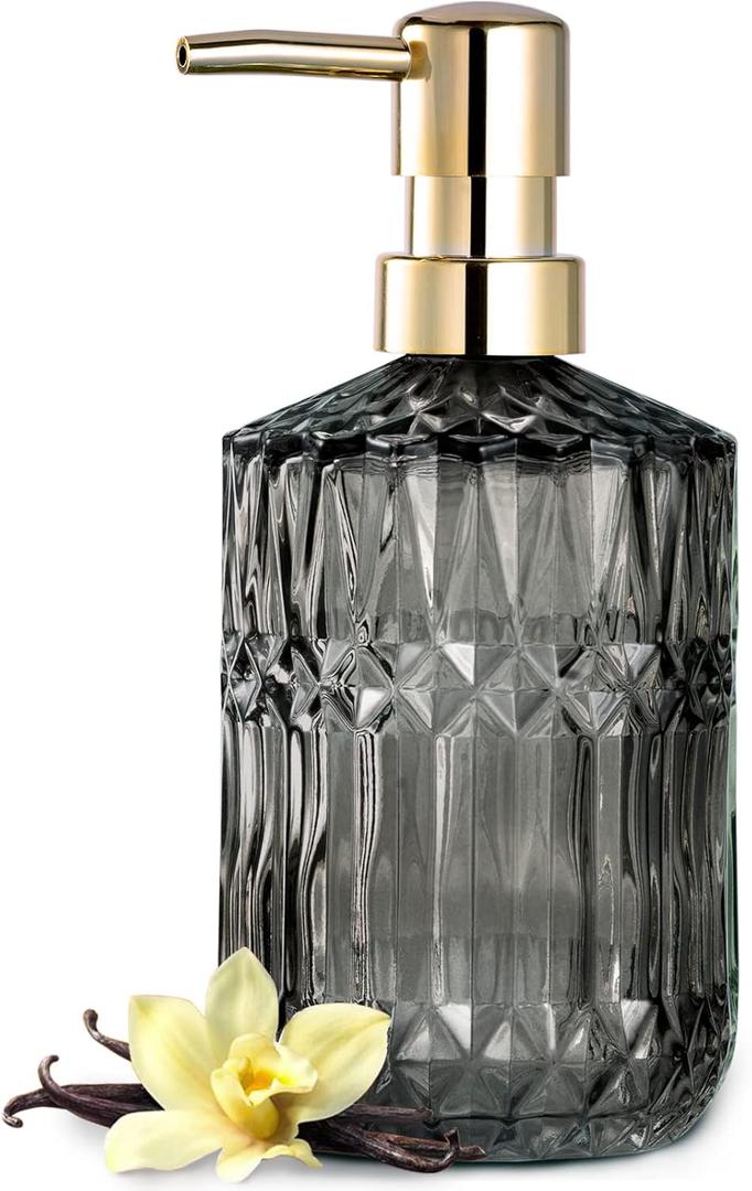 EMPO Clear Crystal Glass Soap Dispenser with ABS Plastic Pump, Lotion Dispensers for Kitchen, Bathroom (Grey) 