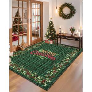GarveeHome Christmas Green Checkered Rug for Bedroom, 3x5 Area Rugs for Living Room with Soft Low Pile, Christmas Holly Print Washable Rug for Kitchen, Stain Resistant Office Playroom Holiday Carpet