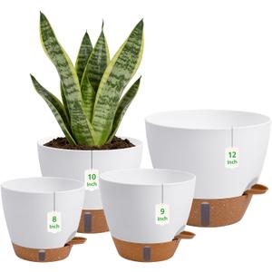 Self Watering Pots with Water Level Indicator, 12" 10" 9" 8" Large Plastic Flower Pots with Mesh Drainage Hole and Removable Saucer Reservoir for Indoor Outdoor Plants (White)