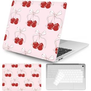 Seorsok Compatible with MacBook Air 13 Inch Case 2022 2021 2020-2018 Release A1932 A2179 M1 A2337 Touch ID,Cute Ribbon Bow Tie & Red Cherry Aesthetic Plastic Hard Case&Transparent Keyboard Cover,Pink