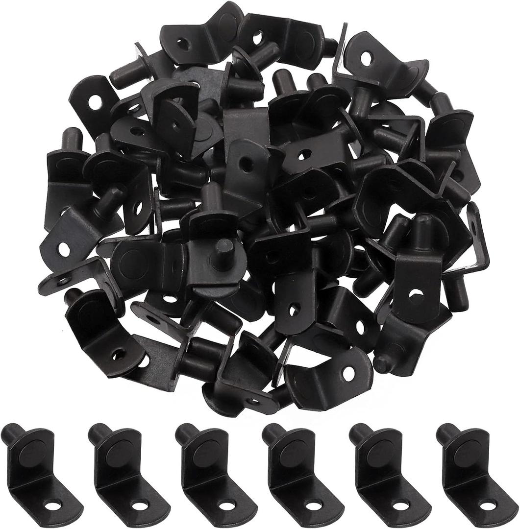 60Pcs 1/4" Black Plated Steel L-Shelf Support Pegs with Hole Kit, L-Shaped Cabinet Shelf Support Pegs Assortment for Bookshelf (Black)