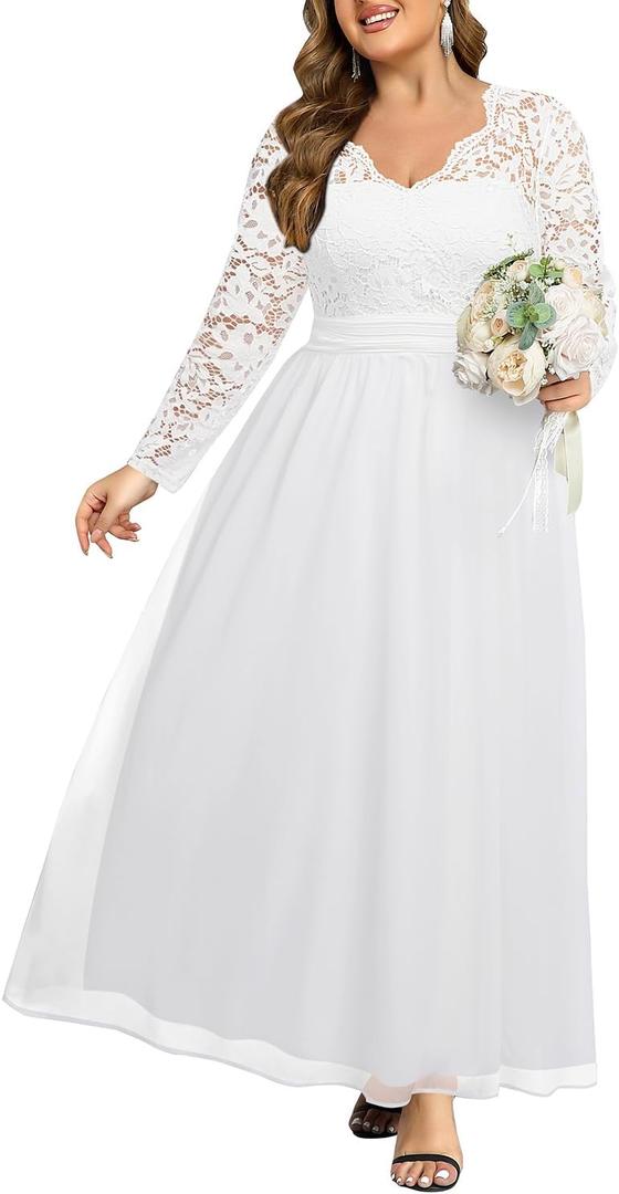Talisea Plus Size Formal Wedding Dresses - Gowns Evening Prom Elegant V Neck Long Sleeve Lace Chiffon Long Maxi Dress (White), Size: 22 Plus