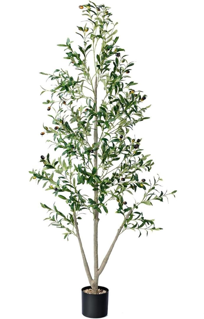 Olive Tree, 6FT Tall Faux Olive Tree with Lights, Moss and Planter, Olive Trees Artificial Indoor with Realistic Wood Trunk and Lifelike Fruits, Fake Olive Tree for Home Office Living Room Decor