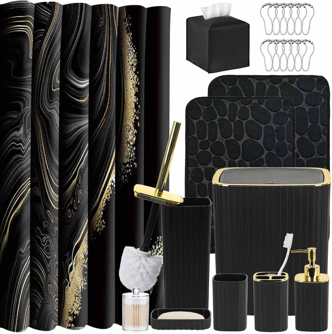 Bathroom Accessory Set with Shower Curtain and Rugs 23Pcs, Black Bathroom Set - Trash Can, Soap Dispenser, Soap Dish, Toilet Brush, Toothbrush Holder, Toothbrush Cup, Tissue Box, Q-tip Holders