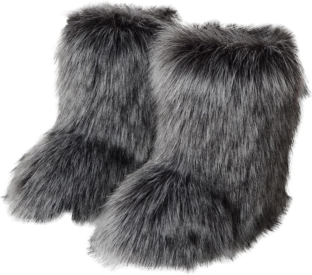 Valpeak Snow Boots for Women 2024 Furry Boots Winter Knee High Flat Heel Fluffy Faux Fur Boots (7 Wide, Dark Gray)