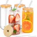 16 oz Drinking Glasses 4pcs Set,Drinking Glasses with Lids and Glass Straws, Iced Coffee Glasses, Iced Coffee Cup Coffee Bar Accessories, Beer Can Glass Coffee Cups, Birthday Gifts