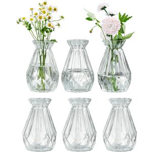 MyGift Mini Set of 6 Diamond-Faceted Clear Glass Bud Vases  Small Decorative Flower Vases for Table Centerpieces, Weddings, and Home Dcor